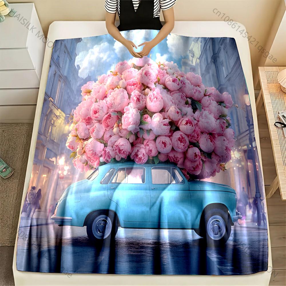

Multi-size Car Loaded with Peonies. Pattern Blanket Flannel Material Soft Warm for All Seasons, Home Outdoor Camping Picnics RV 75x90cm