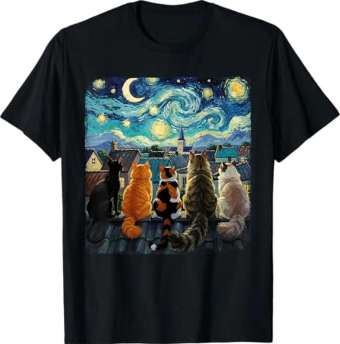 Funny Cat Starry Night Van Gogh Cats Rooftop Scene Feline T-Shirt L