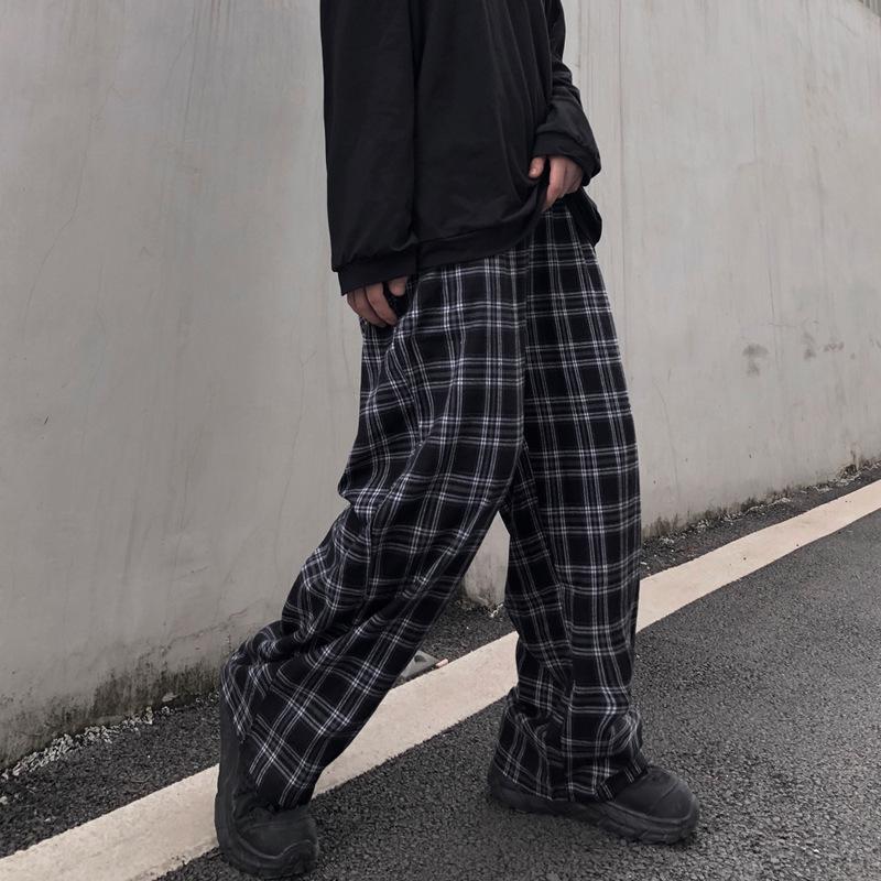 Ladies SweatTrousers Summer Chic Black Plaid Casual Trousers Elastic Waist Casual Pockets Student Trousers
