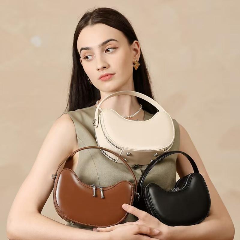 Luxury Designer Genuine Leather Crescent Bag for Women Smooth Top Handle Shoulder Crossbody Bag