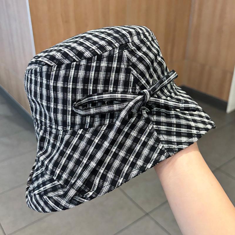 Spring and summer new plaid bow sunshade fisherman's hat children's outdoor face covering, small face versatile sunscreen basin hat