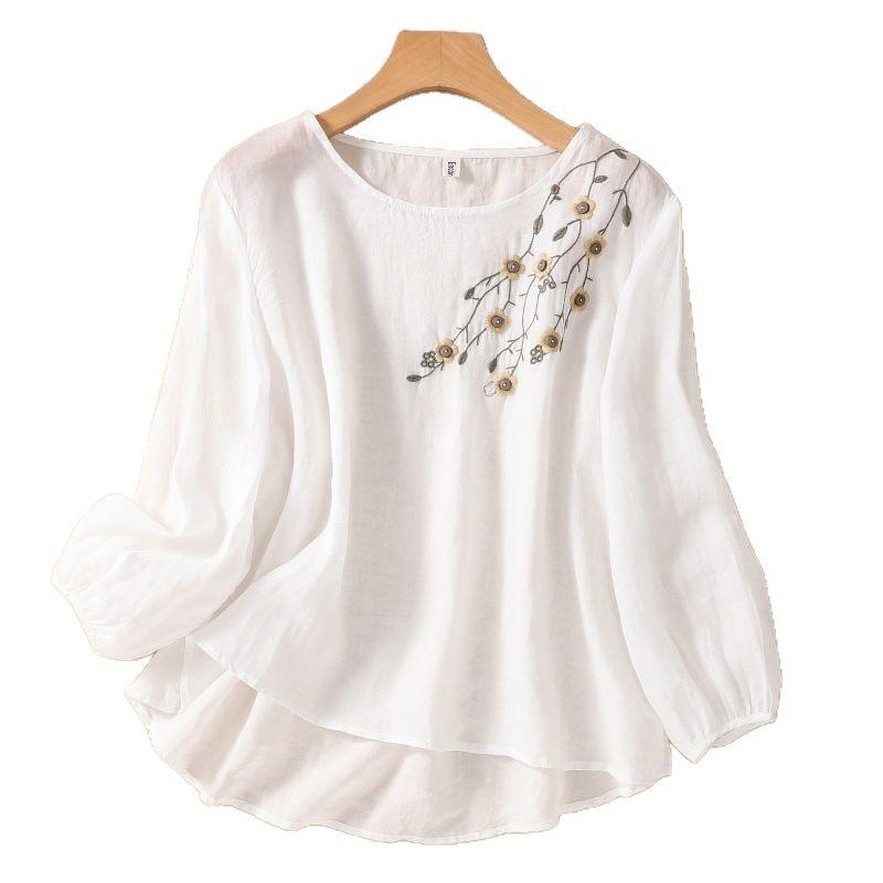 Spring and Summer Women's Long Sleeved T-shirt Clothing Cotton Embroidered Round Neck Retro Art Loose Pullover Tops