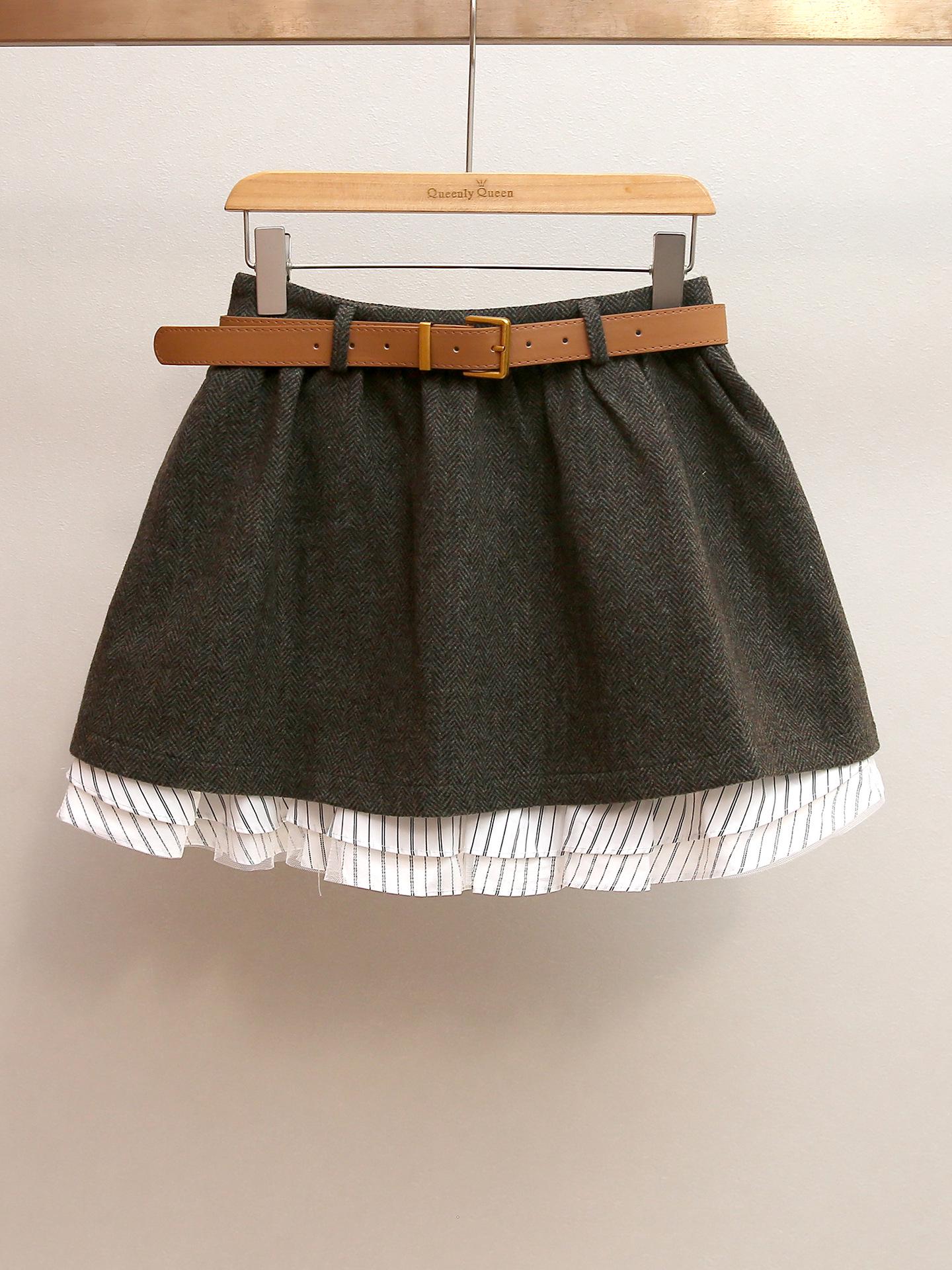 

Autumn/Winter French Retro A-Line High-Waist Patchwork Skirt Medium коричневий
