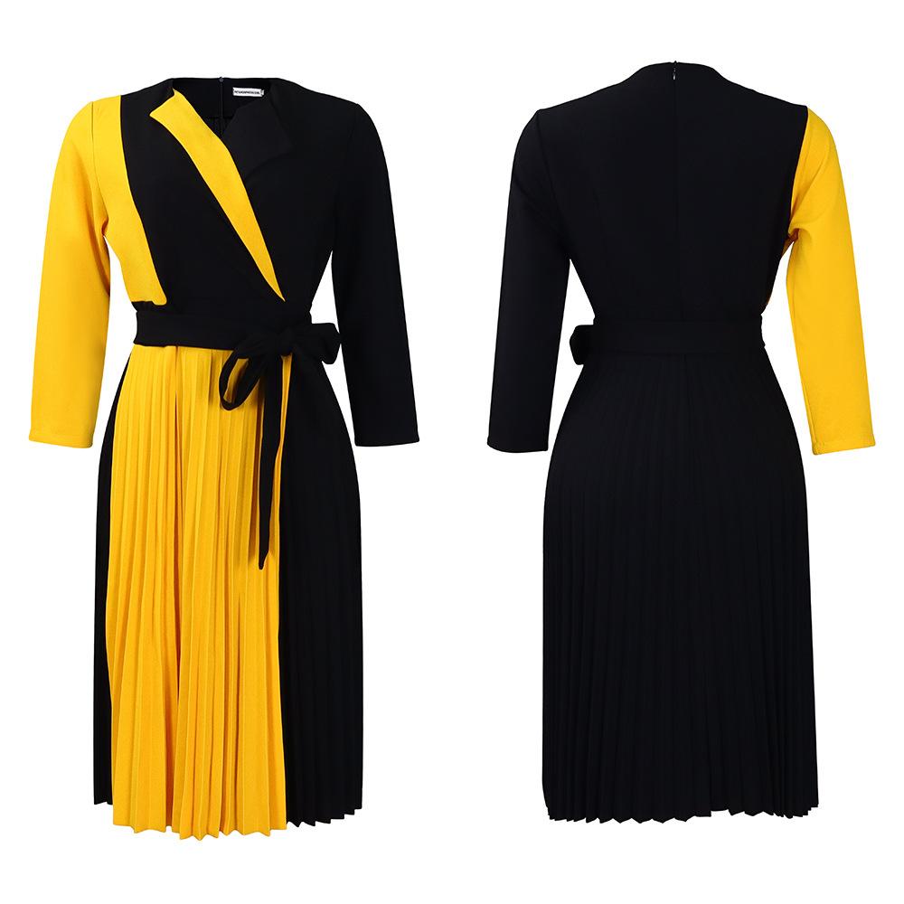 Large Size Women Fashion Patchwork Long Sleeves Dress Ladies Elegant One Piece Bandage Pleated Dress