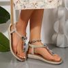 Fashion Bohemia Blue Crystal Strap Sandals Women 2025 Summer Leisure Wedge Heels T-Strap Sandals Slip On Silver Glitter Beach Shoes