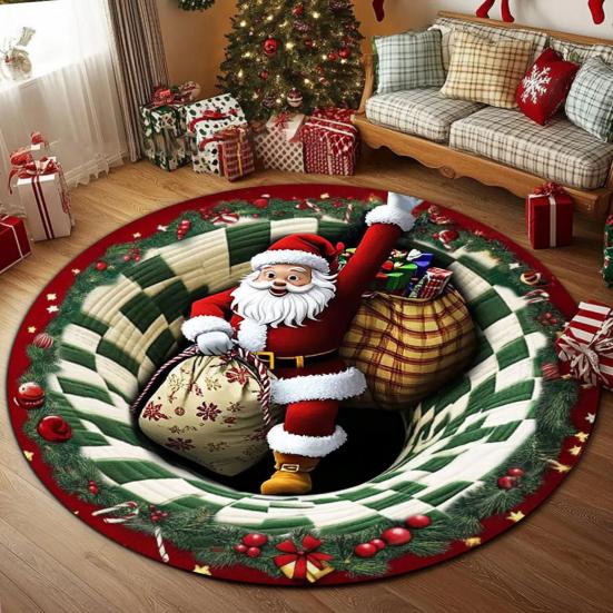 Christmas 3D Rug Santa Claus/Gnome/Dog Quilted Round Swirl Rug Non-Slip Optical Illusion