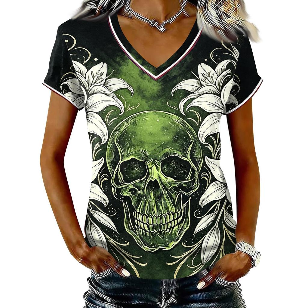Dames Casual V-hals Korte Mouw T-shirt Halloween Print Pullover Top
