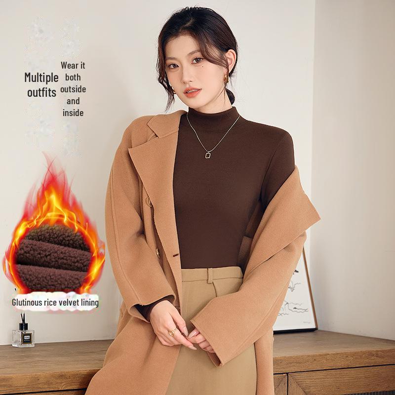 Unisex Slim Fit Knitted Half Turtleneck Shirt - Thick Velvet Lined for Autumn/Winter Warmth, Long Sleeve