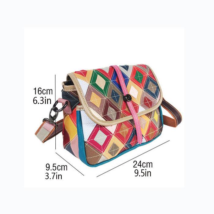Fashion Women'S Bags Cowhide Women'S Bags Color Rhombus Splicing Leather Shoulder Messenger Bags Casual Versatile