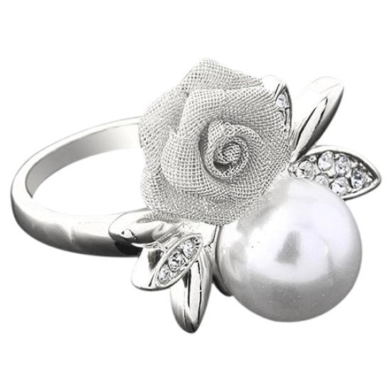 Women's Fashion Rose Faux Pearl Clear Crystal 9K Gold Plated Ring Party Jewelry