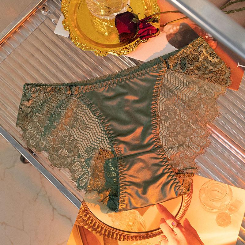 Luxury Satin Lace Panties Women Metal Hollow Out Transparent Mesh Seductive Triangle Underwear Comfort Fit Elegant Design
