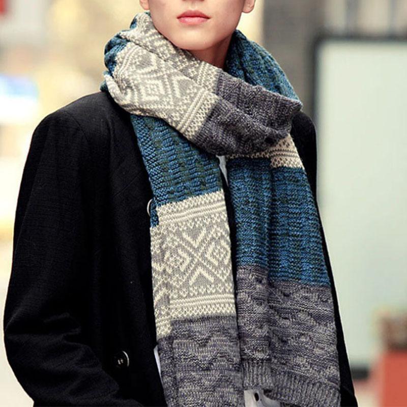New Winter Men's Scarf Checkered Scarf Keep Warm Casual Knit Neckerchief Patchwork Wool Cashmere Scarf AC086