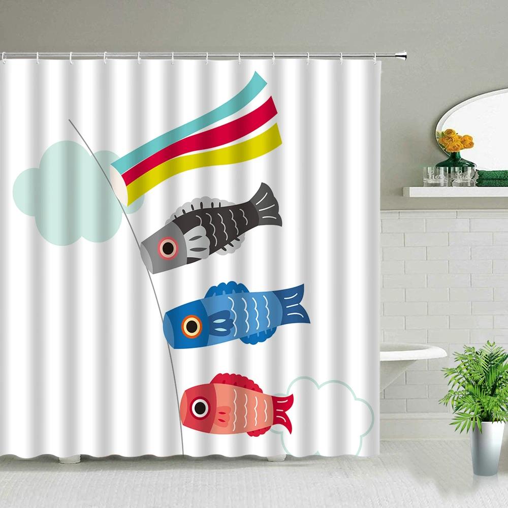 Cortinas de Chuveiro Peixe Tubarão Desenhos Coloridos Vida Marinha Banheiro Infantil Decoração de Casa Conjunto de Cortinas de Tecido Telas de Banho Impermeáveis
