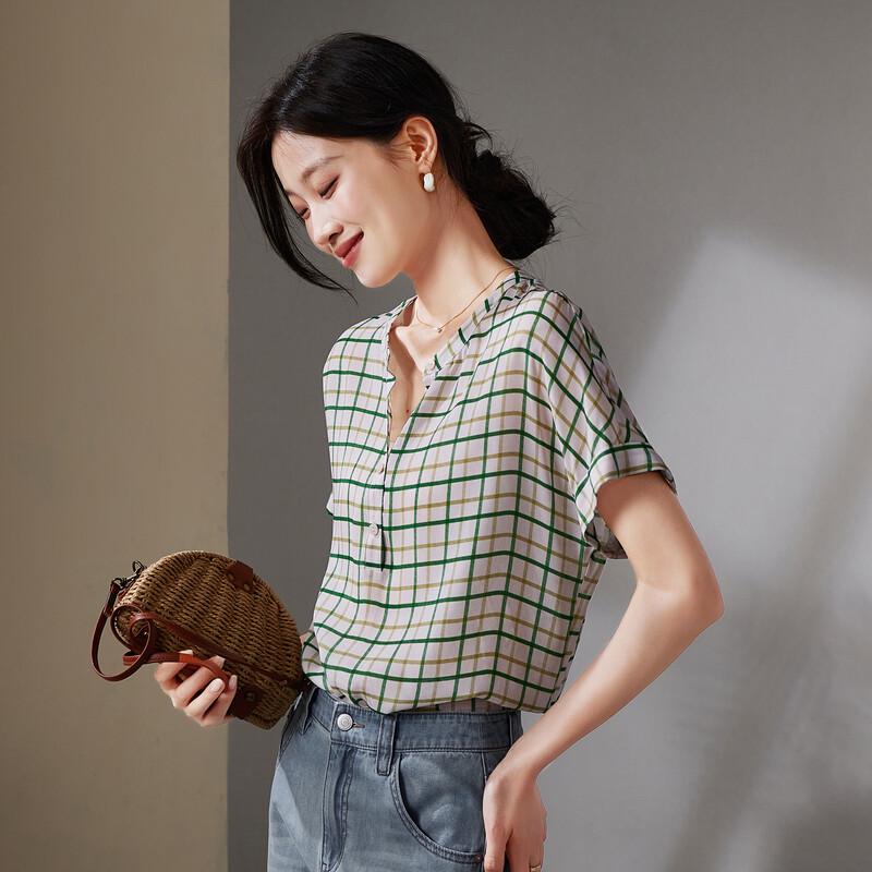 SOFSIL Women s Silk Blend Plaid Short Sleeve Shirt M