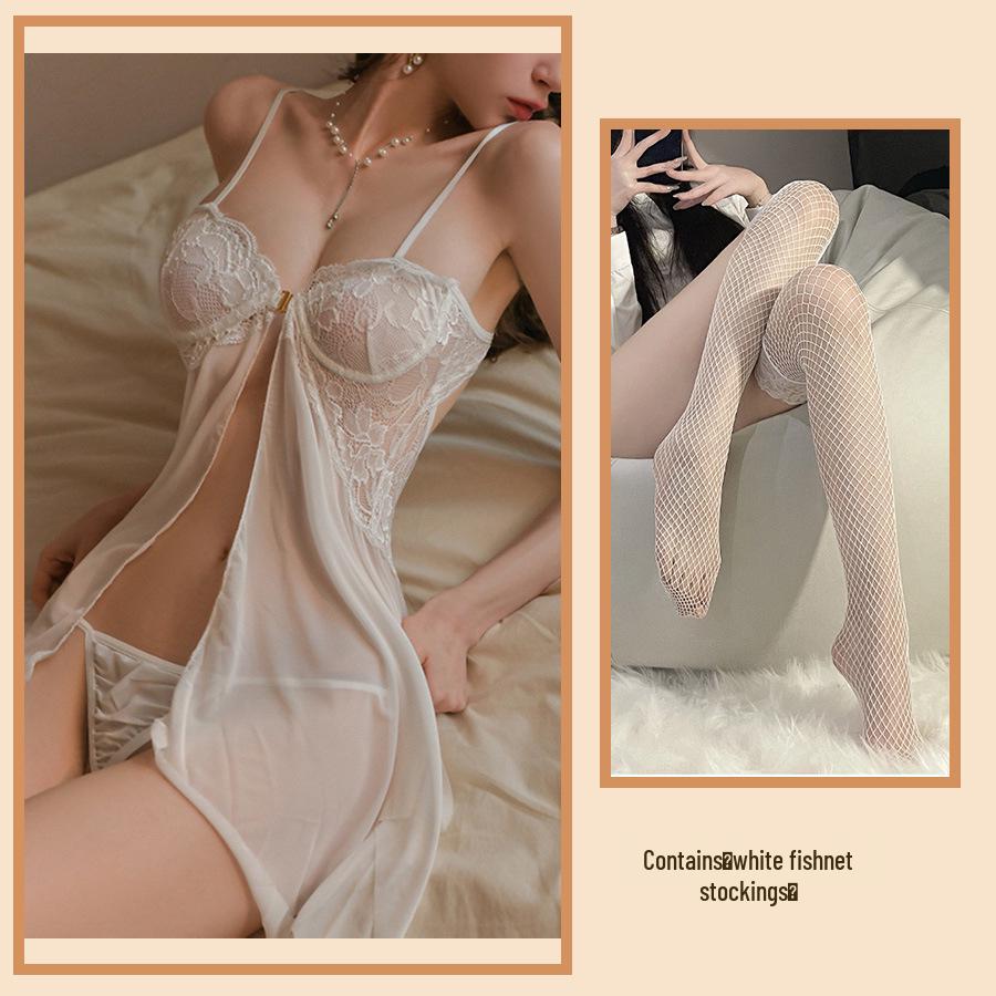 Golden Night Lingerie: Sexy Lace Push-Up Nightgown with Front Split