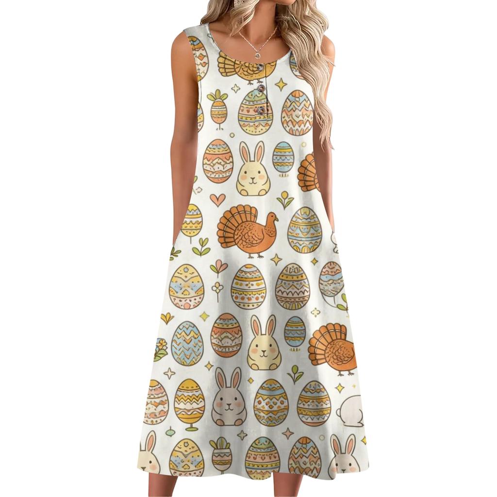 Dámské módní ležérní bezrukávové knoflíkové velikonoční potisk šaty s kapsou