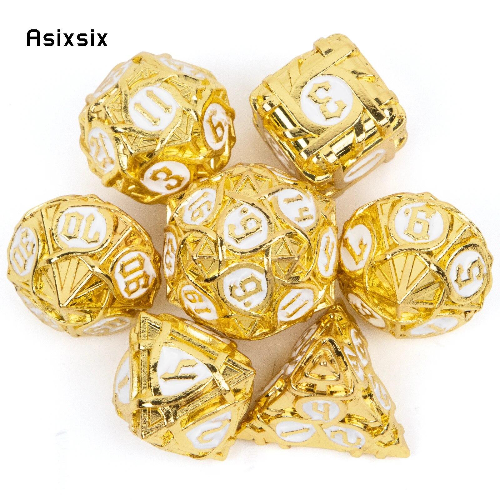 7 Pcs Yellow White Stripe Metal Dice Solid Metal Polyhedral Dice Set Suitable for Role-Playing RPG Board Game