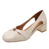 Fairy Style~ French Soft Leather Medium Heel Cool Single Shoes Women's Camellia Thick Heel Square Head Light Mouth Versatile Mary Jane Shoes