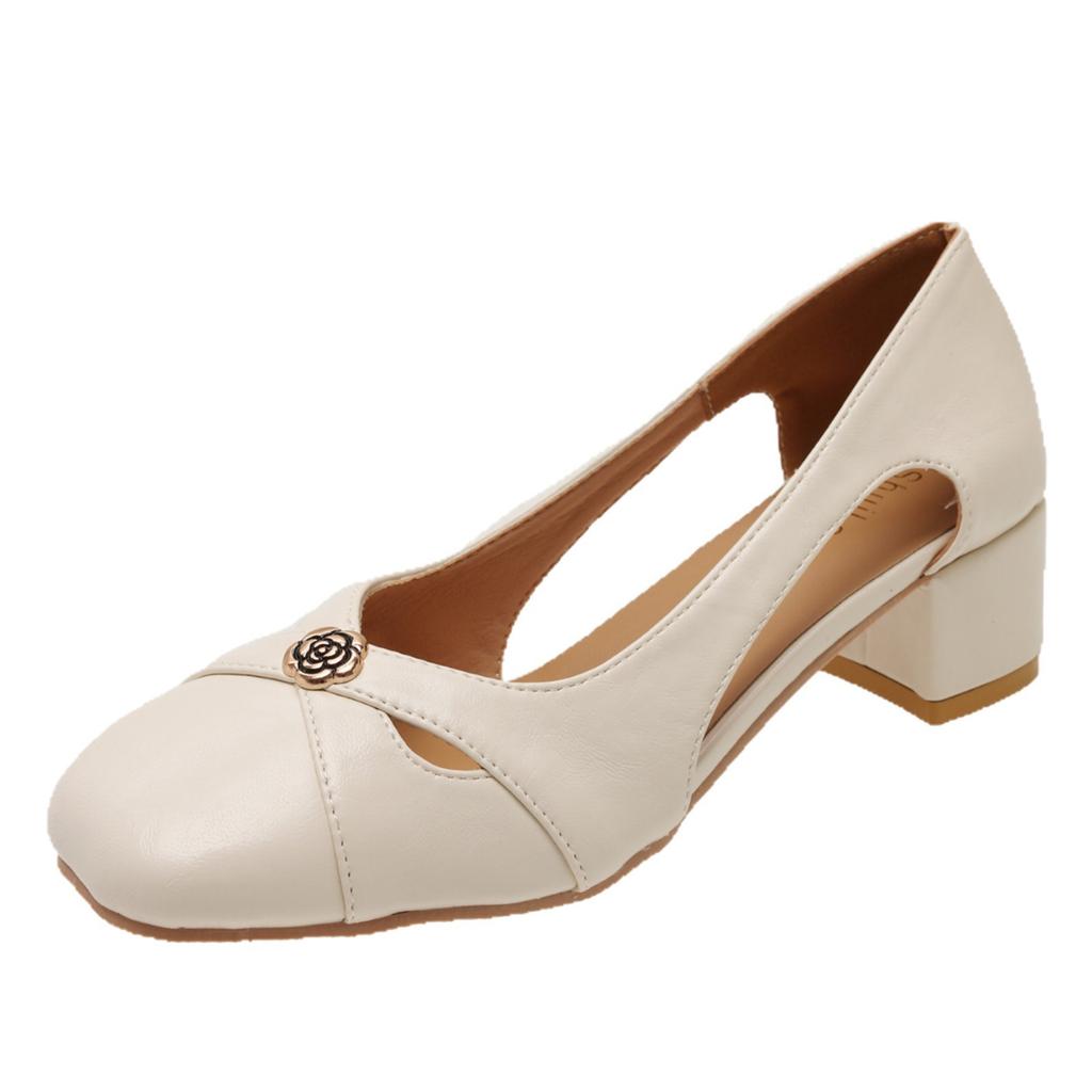 Fairy Style~ French Soft Leather Medium Heel Cool Single Shoes Women's Camellia Thick Heel Square Head Light Mouth Versatile Mary Jane Shoes