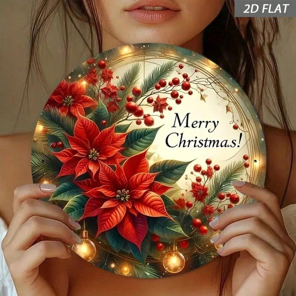 Vintage Merry Christmas Metal Sign 8 Inch Round Aluminum Red Poinsettia Holiday Wall Art Rustic Farmhouse Decor