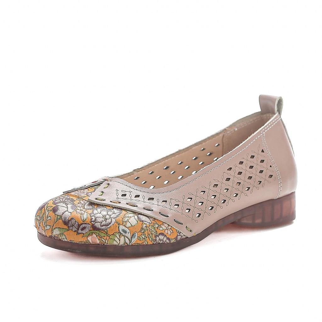 Genuine Leather Soft Sole Mother Shoes Sandals Flat Non-slip Middle-aged and Elderly Single Shoes Hollow Breathable Hole Spring and Summer Style