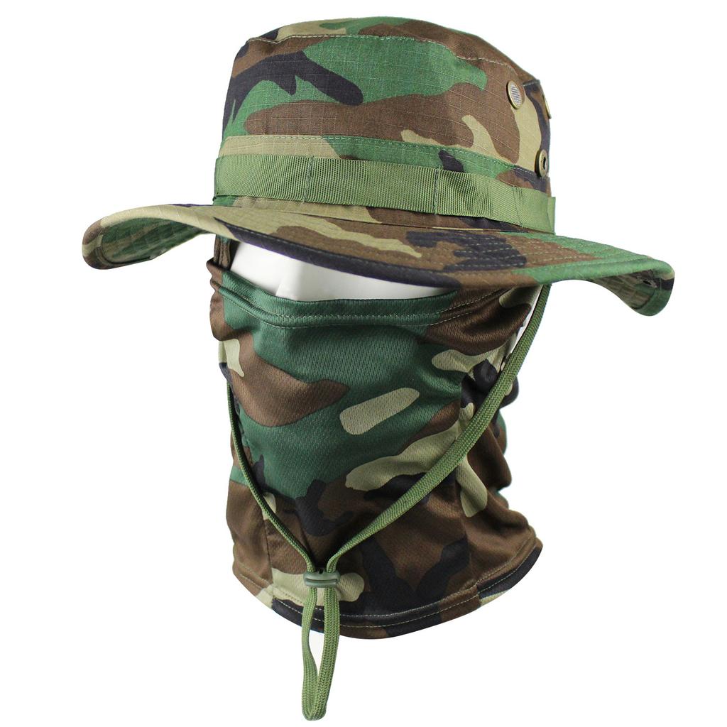 Camouflage Fischerhut mit Gesichtsmaske 2er Set Outdoor Taktischer Anglerhut Sommer Sonnenschutz für Wandern Training