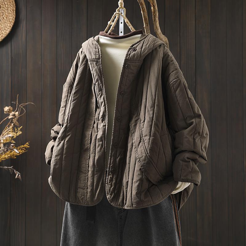 Women's Retro Winter Quilted Cotton Jacket with Hood, Vertical Stripes, Loose Fit, Petite Size, Warm & Thick Design