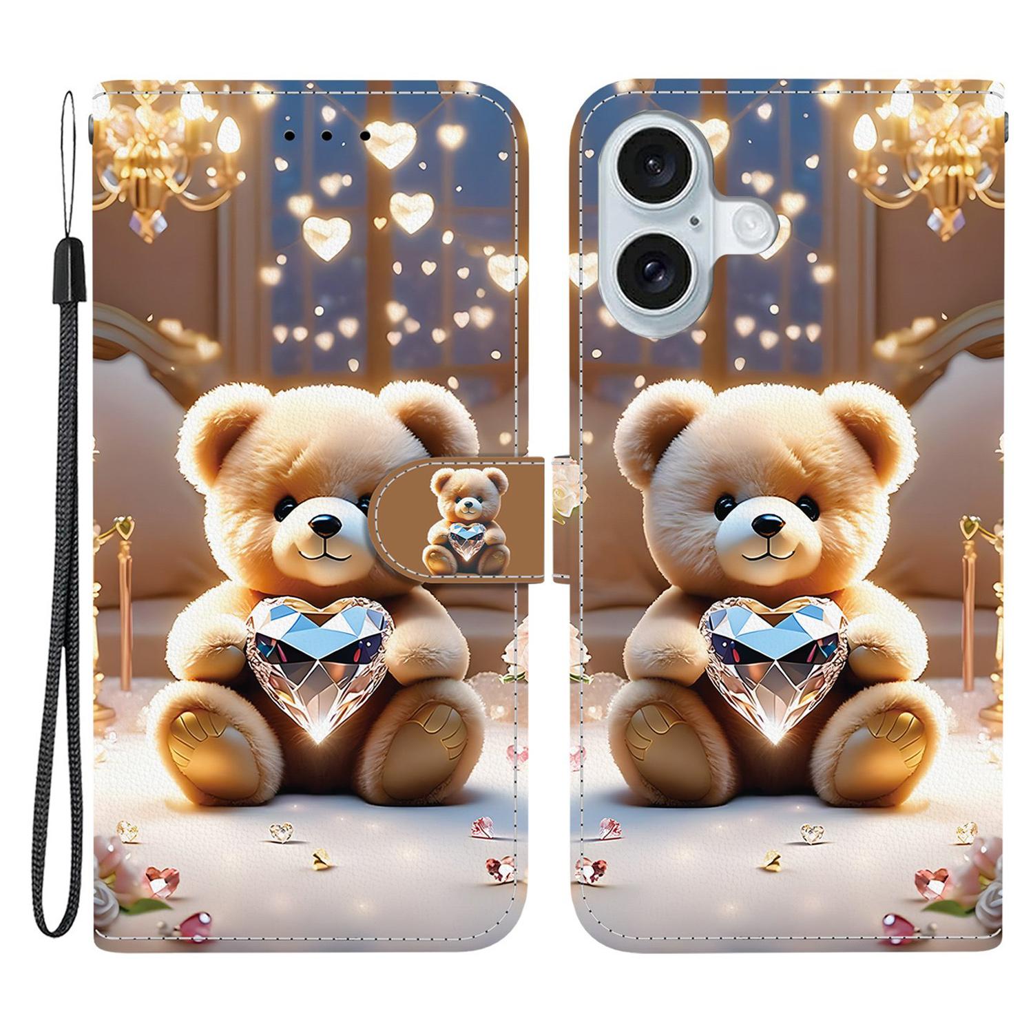 

For iPhone 16 Plus Leather Case Stand Wallet Pattern Printing Phone Cover with Wrist Strap Diamond Bear