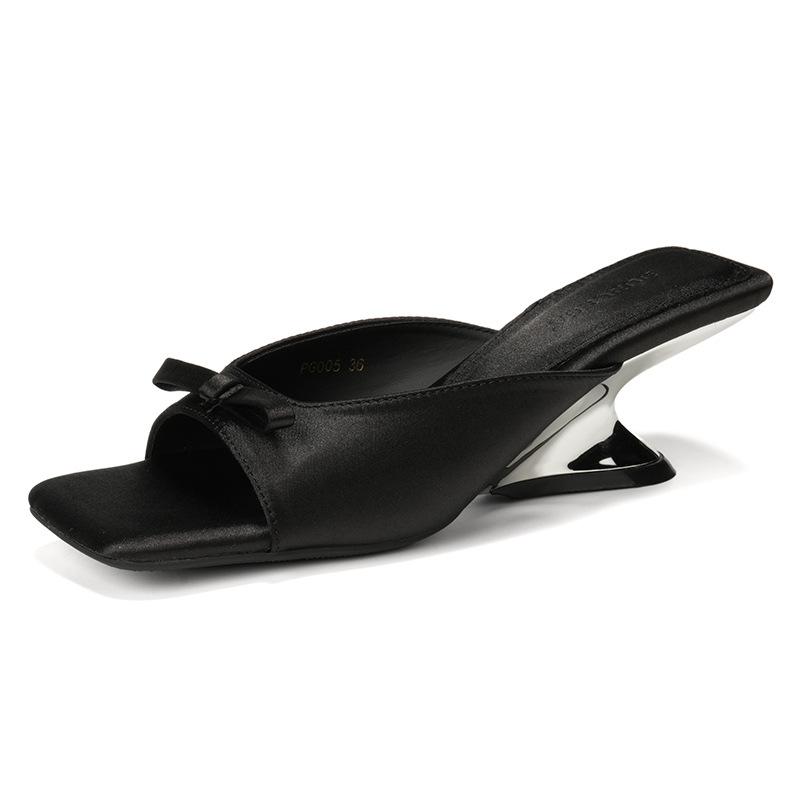 Square head bow cool slippers female high heel new summer satin fairy outer wedge slippers