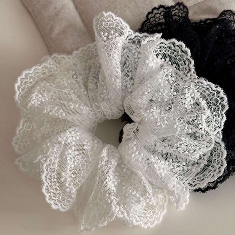 French Black White Lace Embroidery Flower Large Intestine Hair Band Ball Head Hair Rope Head Flower High Quality Hairaccessories