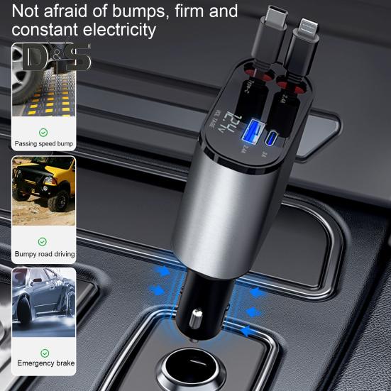 Cargador de coche con cable retráctil doble tipo C 8 pines USB 3A 2.4A Voltaje Pantalla digital Universal 100W Carga rápida de alta potencia Carga automotriz