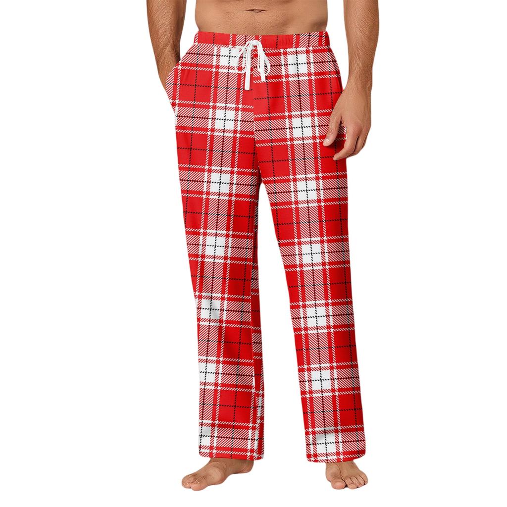 Men's Drawstring Pocket Casual Pants Plaid Stripe Print Pocket Casual Pants Home Pajama Pants