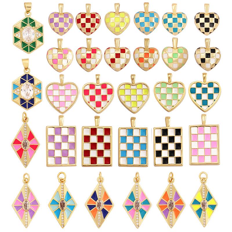 

European-American Trend Drip Oil Checkered Heart Rectangle Pendant, Gold Plated