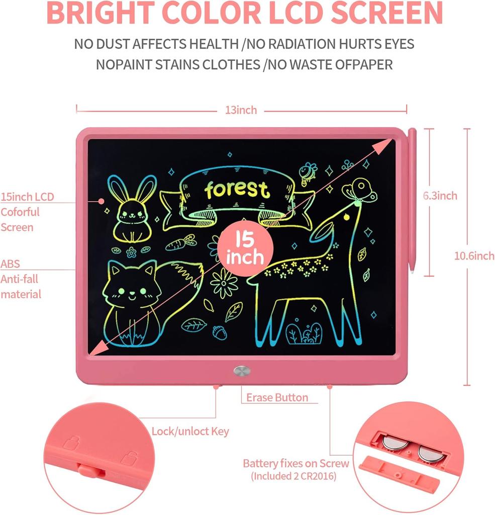Colourful LCD Writing Board Children 15 Inch Painting  Tablet Ektronic Graphic Tablet 3-12 Year Old Girls Boys Children Toy Gifts (Pink)