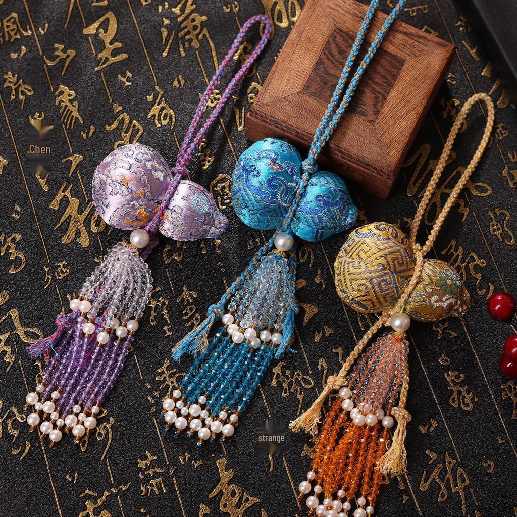 Chinese Style Gourd Pendant Keychain with Embroidered Sachet and Crystal Tassel - Hanfu Accessory and Creative Gift