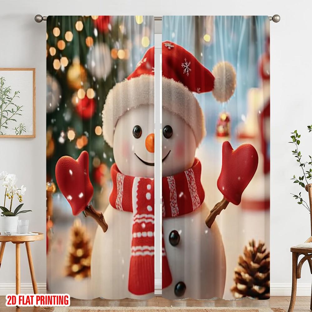 2pcs,2D Plane Printing Curtain Fabric Cute Snowman Christmas Festive Season (4) Versatile 100% Polyester (without Rod) Art Deco