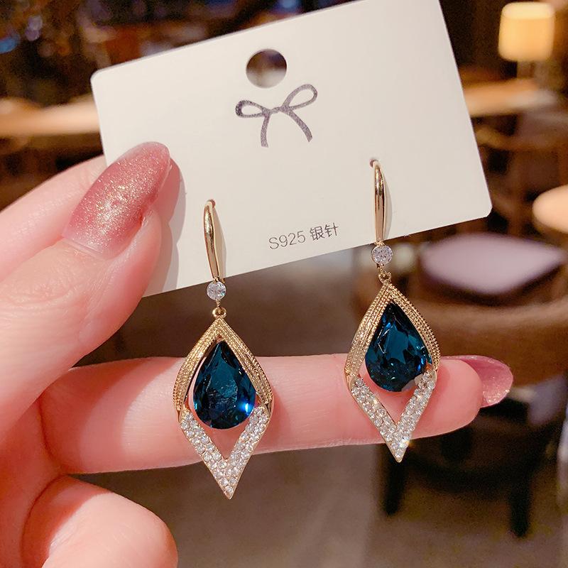 Japanese and Korean High-end Internet Celebrity Water Drop Blue Diamond Earrings 1010 New Fashion Temperament Versatile Ear Hook Earrings Ear Jewelry