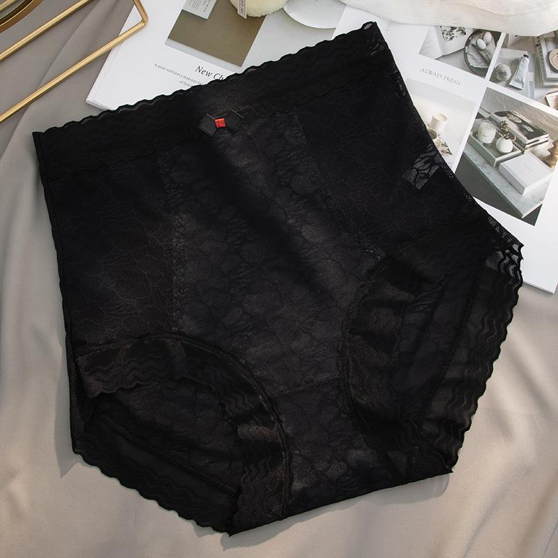 Ladies Spring and Summer New Sexy Lace Pure Color Abdominal Warm Antibacterial Cotton Crotch High Waist Triangle Briefs