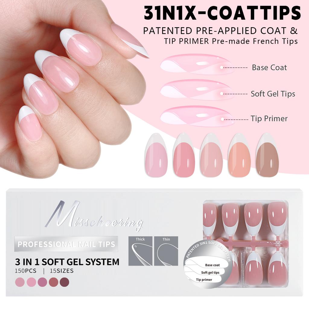 150Pcs Almond Press On Nails 3 in 1 Soft Gel Tips 5Colors Full Cover Fake False Extension Capsule Sculpted Tip Salon DIY