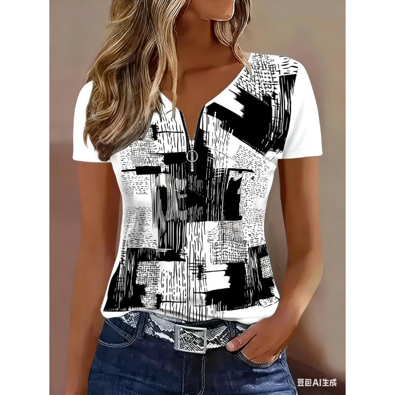 Women's T Shirt Zipper Quarter Zip Graphic Geometric Abstract Tropical Hawaiian Stylish