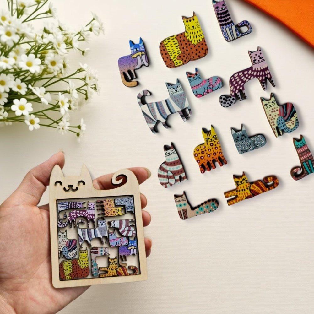 Cute Wooden Cat-Shaped Fun High-Difficulty Puzzle Toy Kids Early Education Thinking Training Creative Portable Birthday Gift