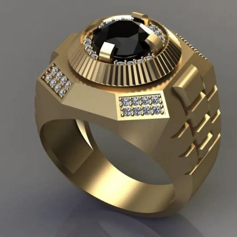 Mode Männer Gold Farbe Runde Männer Ringe Luxus Schwarz Steine Hochzeit Party Braut Ring Schmuck