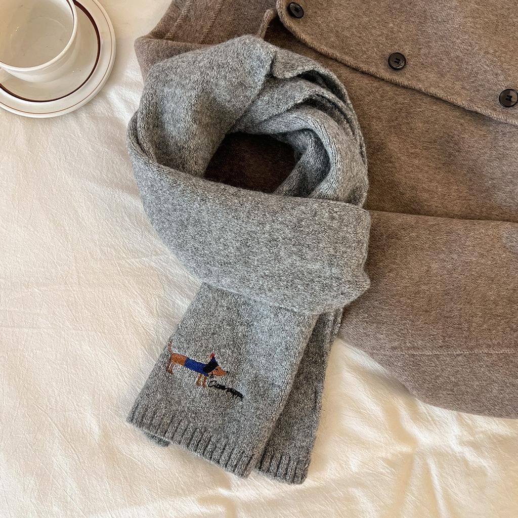 New Autumn and Winter Knitted Wool Scarf for Women Korean Version Versatile Embroidered Dachshund Woolen Neck Scarf Thickened Warm Scarf