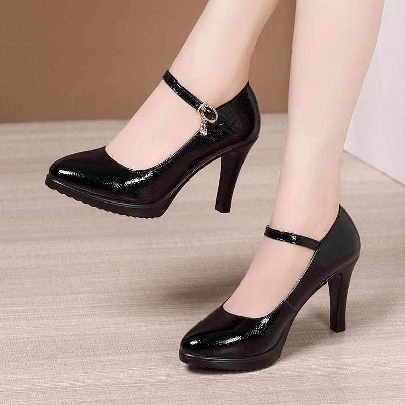 Lady Pumps Pointed Toe Office Work Shoes Buckle Strap Platform High Heels Women Shoes Four Season Patent Leather Shoes Size32-43