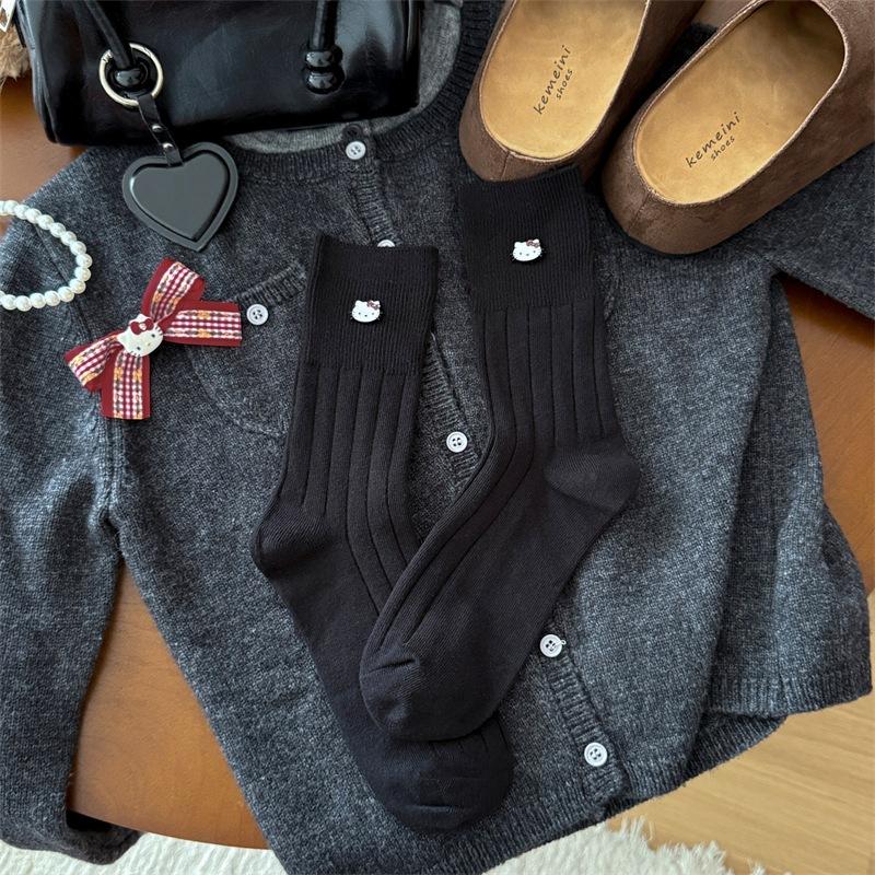 

Double Needle Cartoon Kt Cat Cute Pendant Socks Medium Tube Socks Trendy Versatile Outer Wear Solid Color Stacking Socks One size fits all чорний