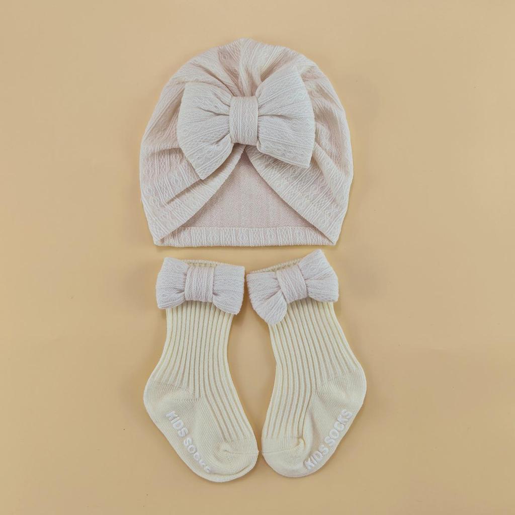 Spring & Autumn Baby Hat and Sock Set with Bow - Newborn Turban and Headband Style
