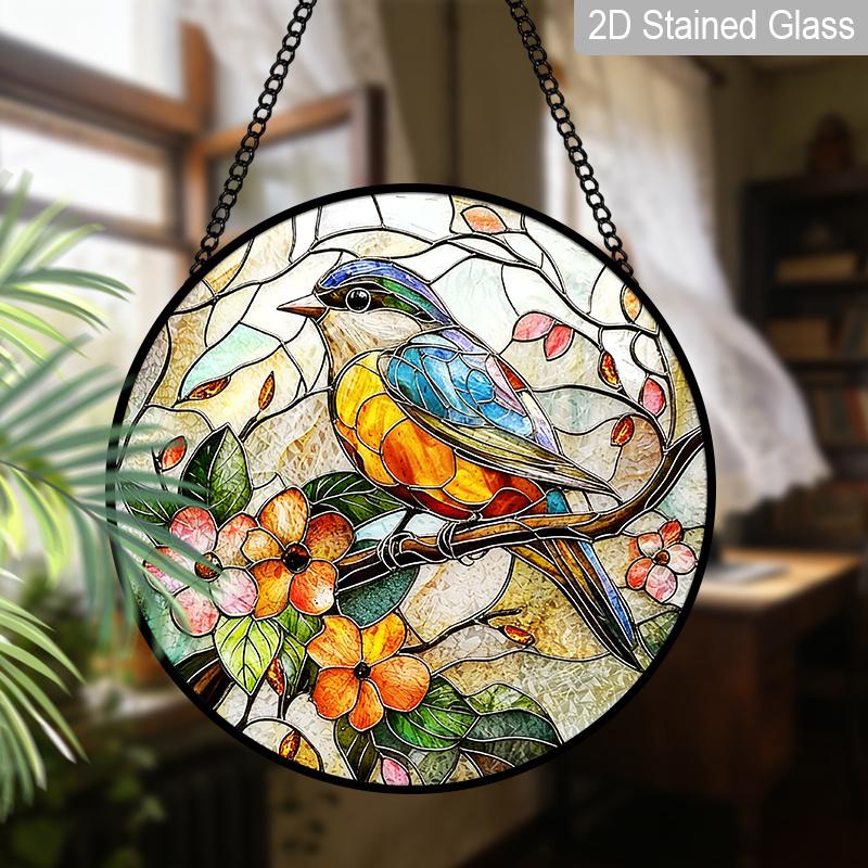 2D Flat Stained Glass Bird Window Decoration, 7.87inches Blue Bird Pink Flower Design Colored Glass Plate with Chain, Charming Spring Summer Sun