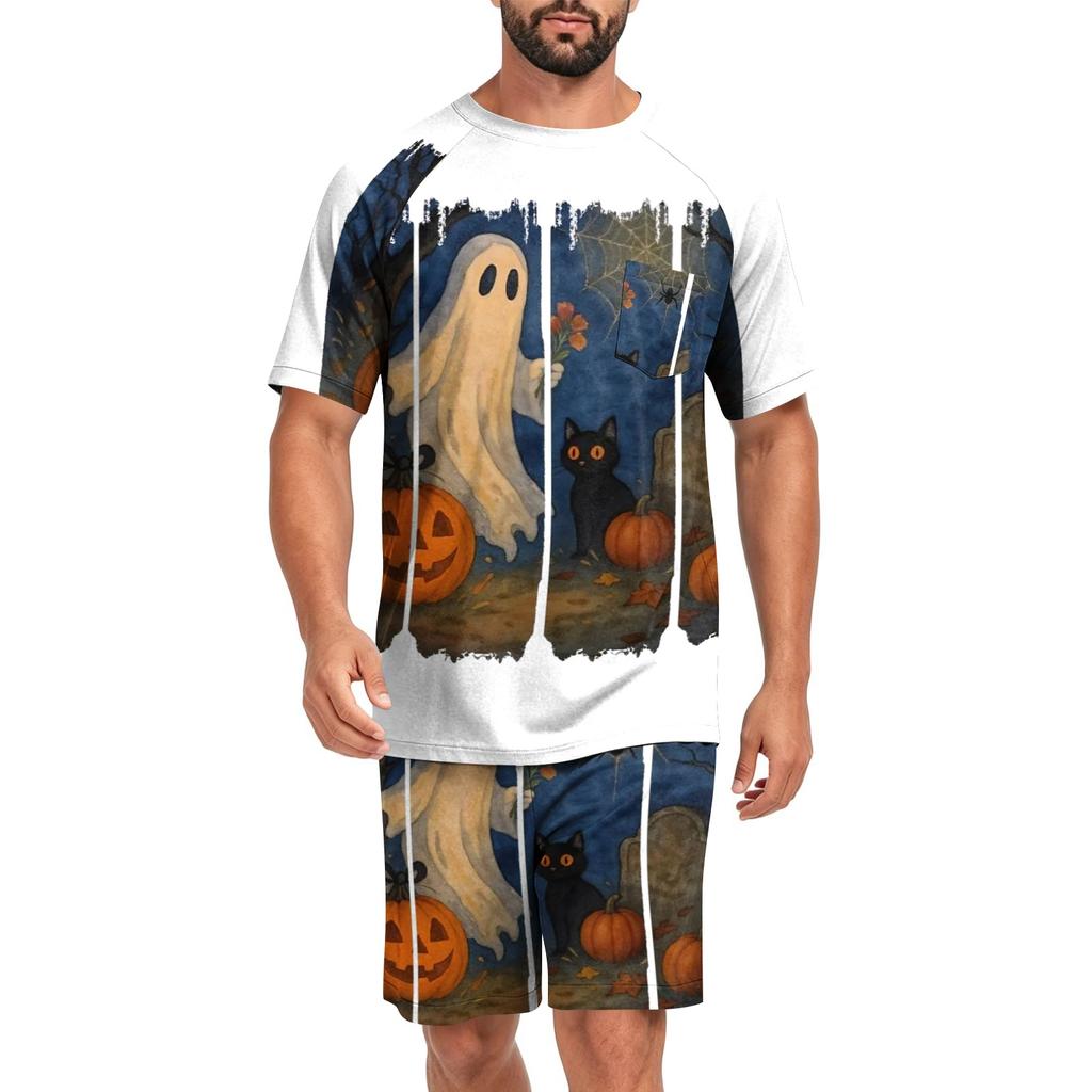 Men's Halloween Casual Pajama Set Short Sleeve Top and Shorts Comfortable Homewear Two Piece Lounge Set for Relaxation