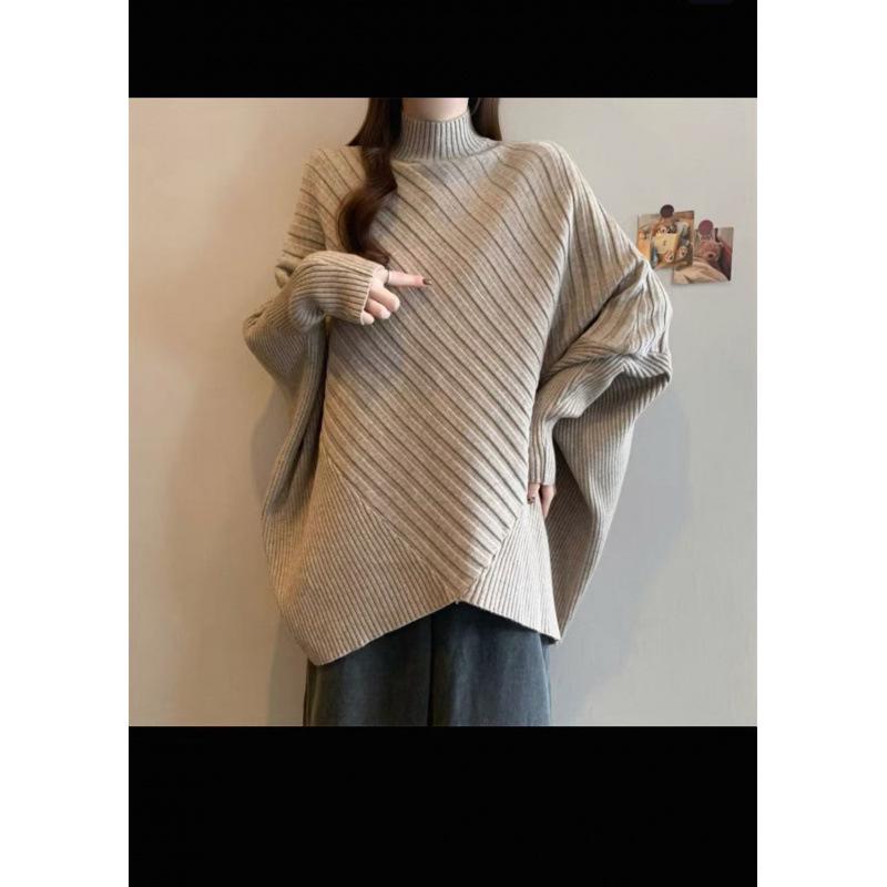 Plus Size Women's Batwing Sleeve Ribbed Knit Sweater with Half-High Round Neck