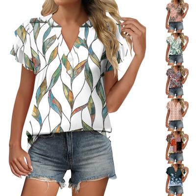 Women's Casual Prints Gradient Ruffle Short Sleeve Button Down V-Neck Top